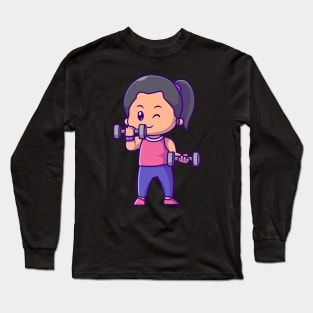 Cute Woman Lifting barbell Cartoon Long Sleeve T-Shirt